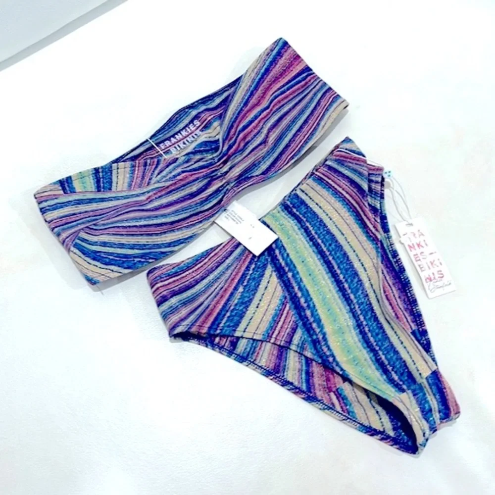NWT FRANKIES shimmy purple blue bandeau plunge bikini top L
